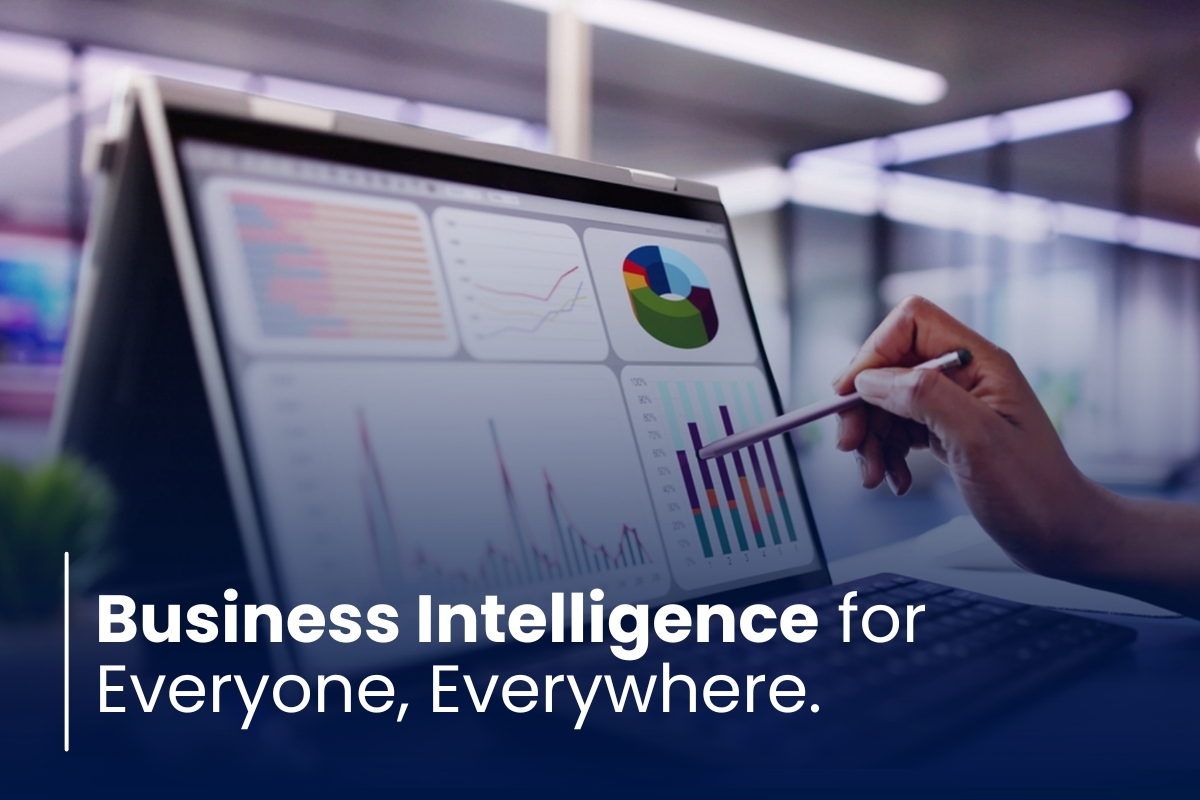 A digital illustration representing 2026 business intelligence trends, featuring interconnected data nodes, an AI brain icon, and holographic data visualizations.